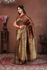 Rich Coffee Brown Banarasi Silk Saree with Antique Gold Zari Floral Weave