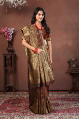 Rich Coffee Brown Banarasi Silk Saree with Antique Gold Zari Floral Weave