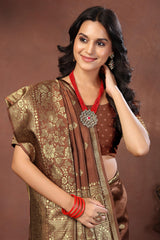 Rich Coffee Brown Banarasi Silk Saree with Antique Gold Zari Floral Weave