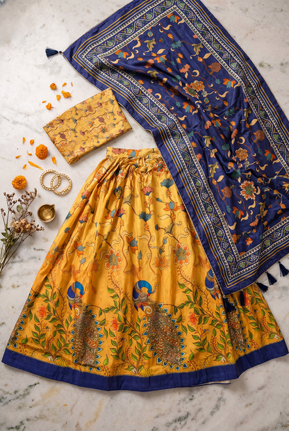 Mustard Yellow Digital Print Lehenga Choli with Navy Blue Dupatta | Traditional Floral Ethnic Wear for Women
