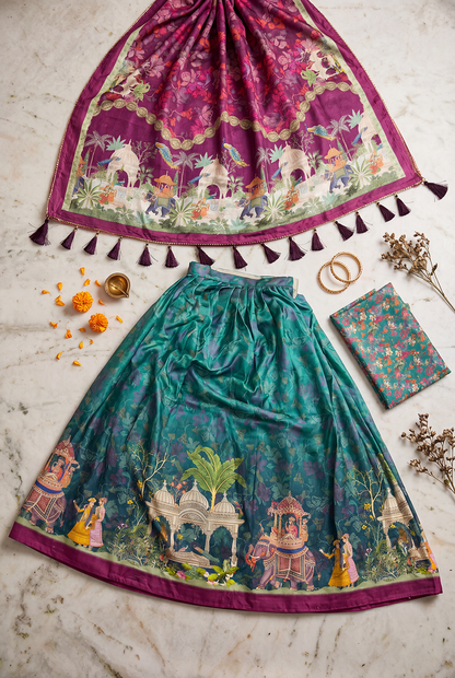 Teal Green Dola Silk Digital Print Lehenga Choli with Designer Printed Dupatta