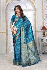 Teal Blue Banarasi Silk Saree with Geometric Zari Weaving and Rich Floral Pallu