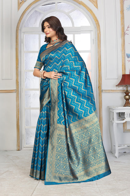Teal Blue Banarasi Silk Saree with Geometric Zari Weaving and Rich Floral Pallu
