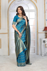Teal Blue Banarasi Silk Saree with Geometric Zari Weaving and Rich Floral Pallu