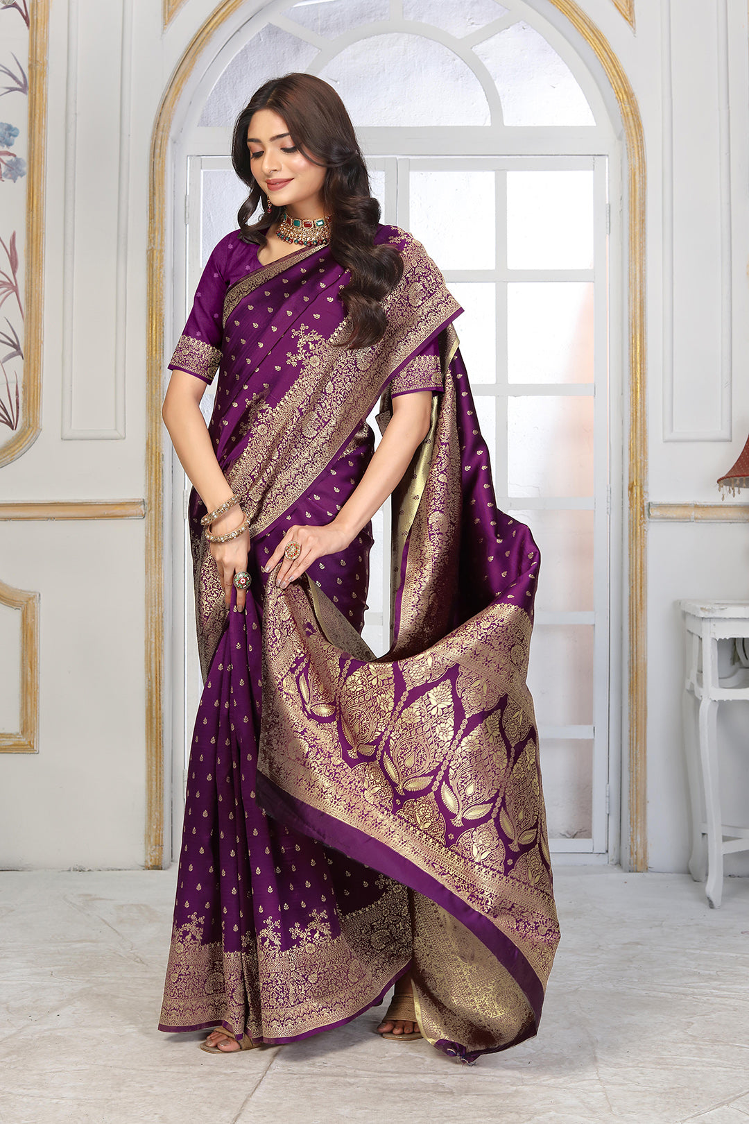 Royal Purple Banarasi Silk Saree with Rich Golden Zari Work