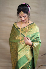 Royal Olive Green Banarasi Jacquard Saree with Luxurious Gold Zari Detailing