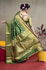 Royal Olive Green Banarasi Jacquard Saree with Luxurious Gold Zari Detailing