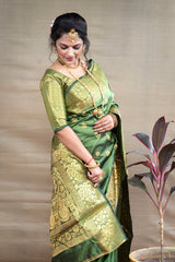 Royal Olive Green Banarasi Jacquard Saree with Luxurious Gold Zari Detailing
