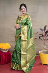 Royal Olive Green Banarasi Jacquard Saree with Luxurious Gold Zari Detailing