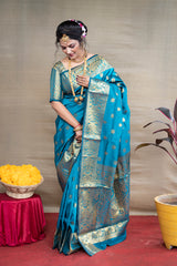 Cyan Blue Banarasi Jacquard Saree with Opulent Gold Zari Brocade