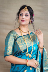 Cyan Blue Banarasi Jacquard Saree with Opulent Gold Zari Brocade