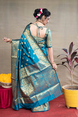 Cyan Blue Banarasi Jacquard Saree with Opulent Gold Zari Brocade