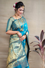 Cyan Blue Banarasi Jacquard Saree with Opulent Gold Zari Brocade