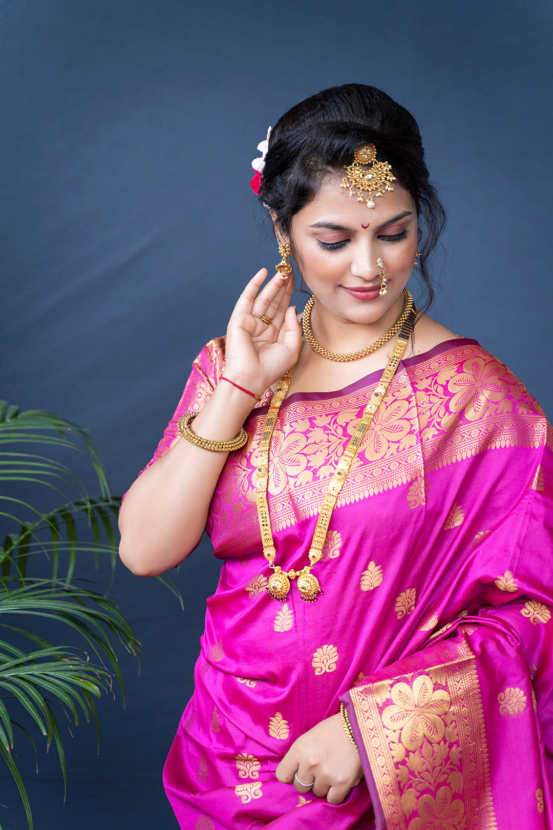 Majestic Rani Pink Banarasi Saree with Handwoven Gold Zari Borders & Pallu