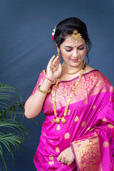 Majestic Rani Pink Banarasi Saree with Handwoven Gold Zari Borders & Pallu