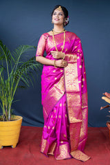 Majestic Rani Pink Banarasi Saree with Handwoven Gold Zari Borders & Pallu