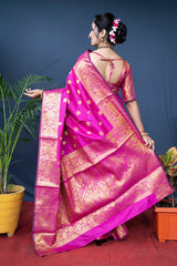 Majestic Rani Pink Banarasi Saree with Handwoven Gold Zari Borders & Pallu