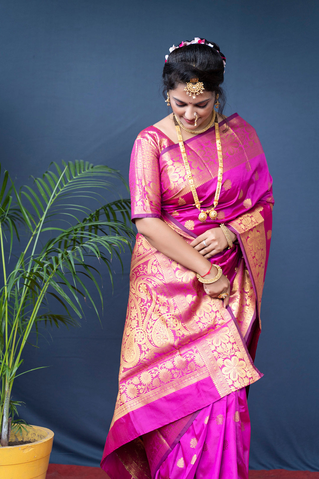Majestic Rani Pink Banarasi Saree with Handwoven Gold Zari Borders & Pallu