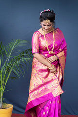 Majestic Rani Pink Banarasi Saree with Handwoven Gold Zari Borders & Pallu