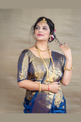 Deep Blue Banarasi Jacquard Saree with Opulent Antique Gold Zari Weaving