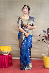 Deep Blue Banarasi Jacquard Saree with Opulent Antique Gold Zari Weaving