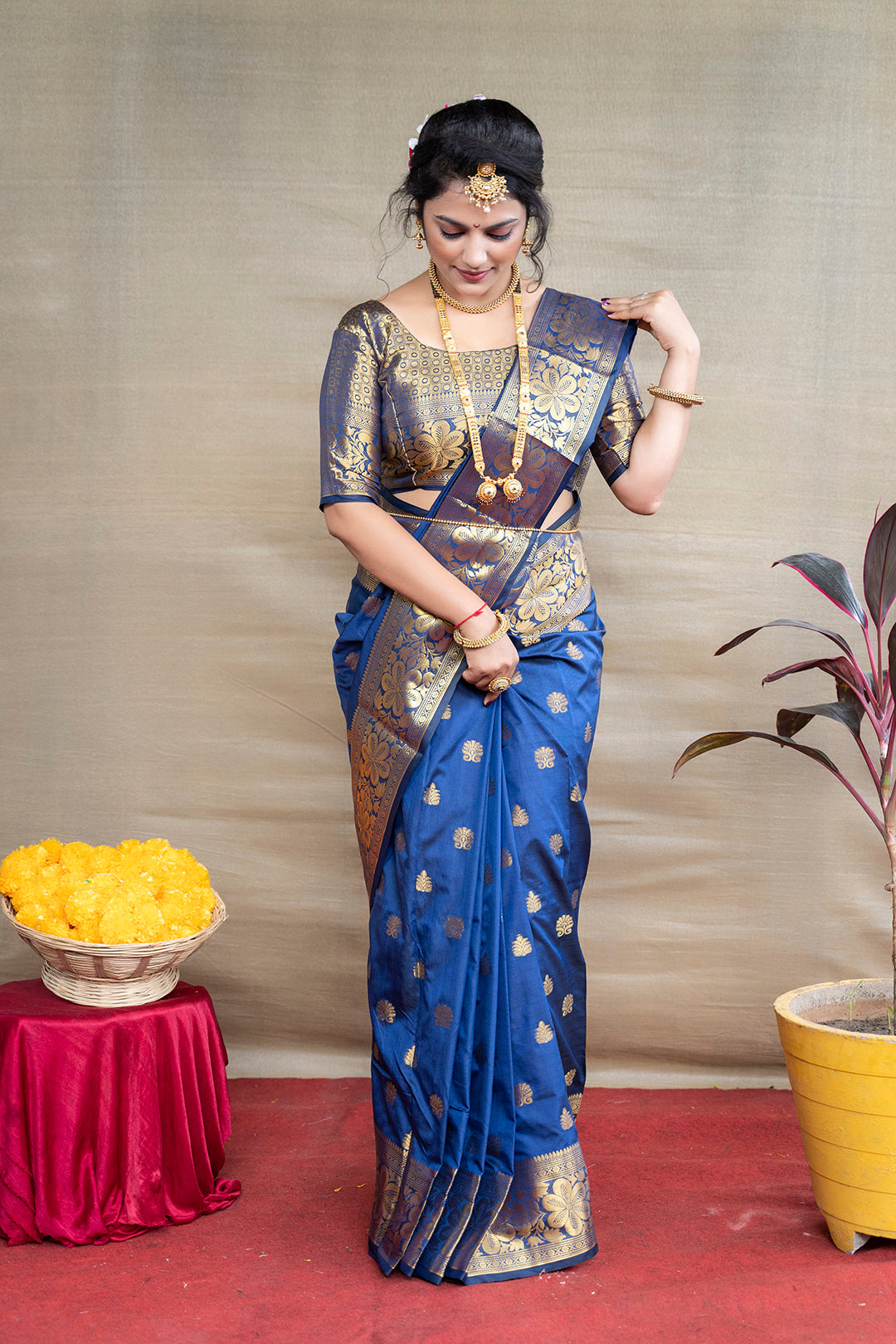 Deep Blue Banarasi Jacquard Saree with Opulent Antique Gold Zari Weaving