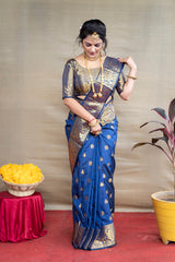 Deep Blue Banarasi Jacquard Saree with Opulent Antique Gold Zari Weaving