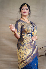 Deep Blue Banarasi Jacquard Saree with Opulent Antique Gold Zari Weaving
