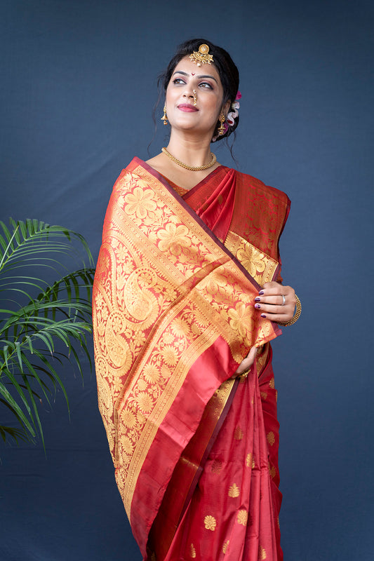 Rich Red Banarasi Jacquard Saree with Temple-Inspired Gold Zari Weave