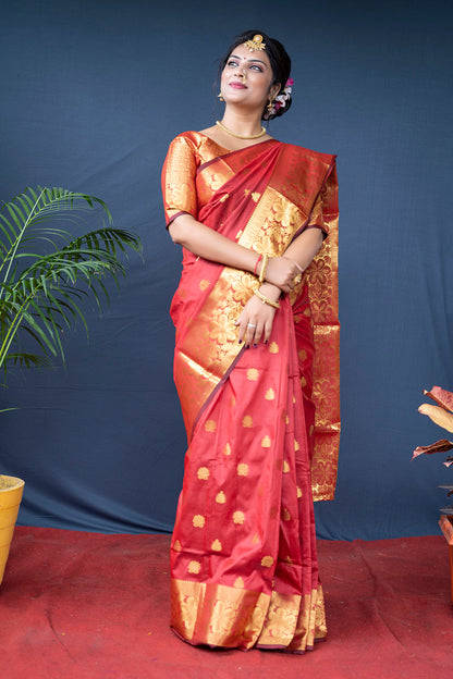 Rich Red Banarasi Jacquard Saree with Temple-Inspired Gold Zari Weave