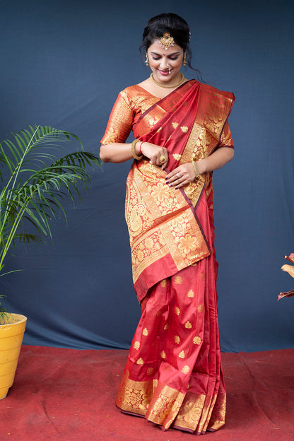 Rich Red Banarasi Jacquard Saree with Temple-Inspired Gold Zari Weave
