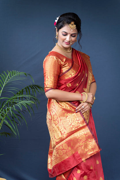 Rich Red Banarasi Jacquard Saree with Temple-Inspired Gold Zari Weave