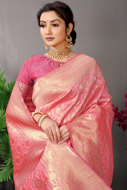 Soft Pink Banarasi Silk Saree with Delicate Gold Zari Brocade Weaving