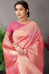 Soft Pink Banarasi Silk Saree with Delicate Gold Zari Brocade Weaving