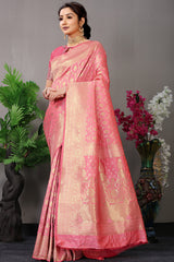 Soft Pink Banarasi Silk Saree with Delicate Gold Zari Brocade Weaving