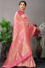 Soft Pink Banarasi Silk Saree with Delicate Gold Zari Brocade Weaving
