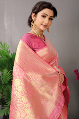 Soft Pink Banarasi Silk Saree with Delicate Gold Zari Brocade Weaving