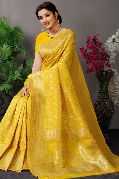 Sunshine Master Banarasi Saree with Ornate Gold Zari Brocade