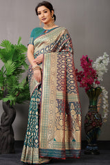 Mystic Royalty: Bottle Green & Maroon Banarasi Saree with Antique Gold Zari and Contrast Pallu