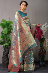 Mystic Royalty: Bottle Green & Maroon Banarasi Saree with Antique Gold Zari and Contrast Pallu