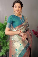 Mystic Royalty: Bottle Green & Maroon Banarasi Saree with Antique Gold Zari and Contrast Pallu