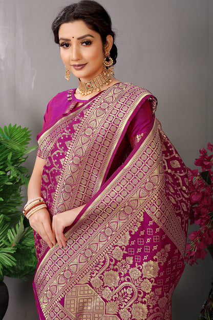Royal Ranee Pink Banarasi Jacquard Silk Saree with Antique Gold Zari Work