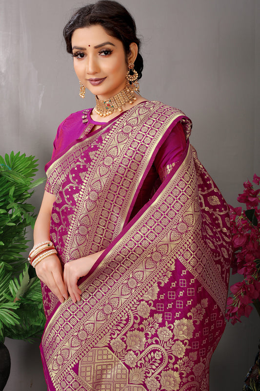 Royal Ranee Pink Banarasi Jacquard Silk Saree with Antique Gold Zari Work