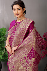 Royal Ranee Pink Banarasi Jacquard Silk Saree with Antique Gold Zari Work