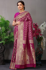 Royal Ranee Pink Banarasi Jacquard Silk Saree with Antique Gold Zari Work