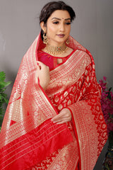 Bridal Red Banarasi Jacquard Silk Saree with Rich Antique Gold Zari Work