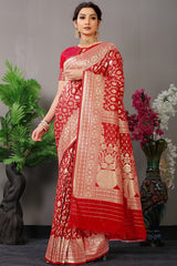 Bridal Red Banarasi Jacquard Silk Saree with Rich Antique Gold Zari Work