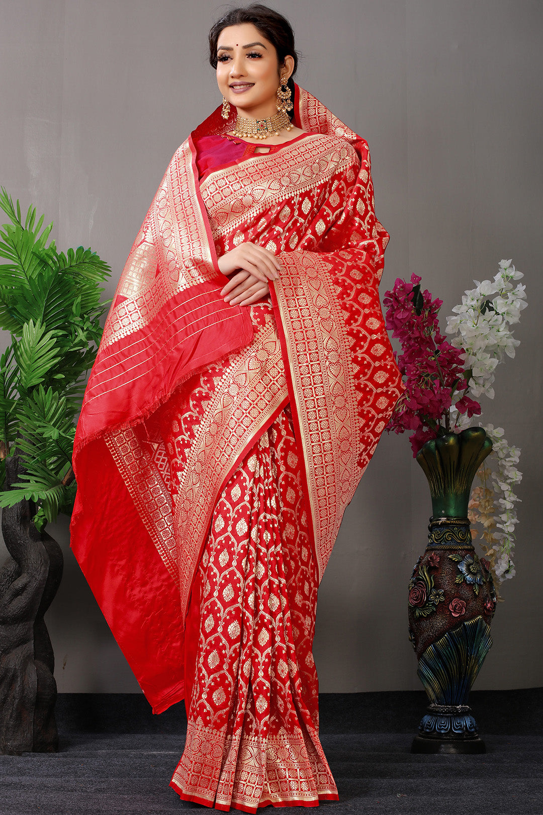 Bridal Red Banarasi Jacquard Silk Saree with Rich Antique Gold Zari Work