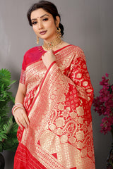 Bridal Red Banarasi Jacquard Silk Saree with Rich Antique Gold Zari Work