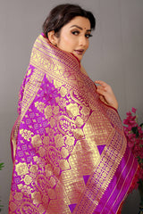 Royal Wine Banarasi Jacquard Silk Saree with Rich Antique Gold Zari Work
